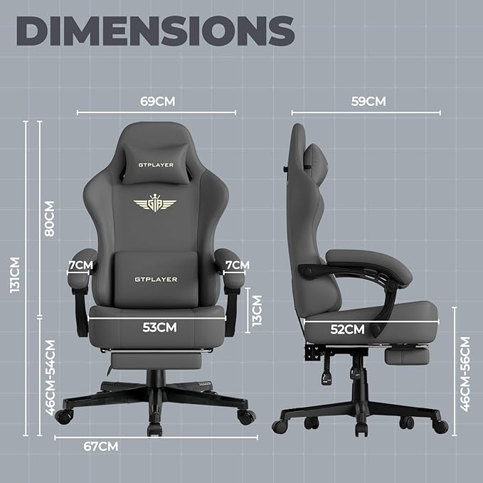 GTPLAYER Gaming Chair with Pocket Spring Cushion, Big and Tall Gamings Chairs 350LBS High Back Computer Chair with Footrest for Adults Lumbar Support Swivel Game Chair for Office, Leather Grey