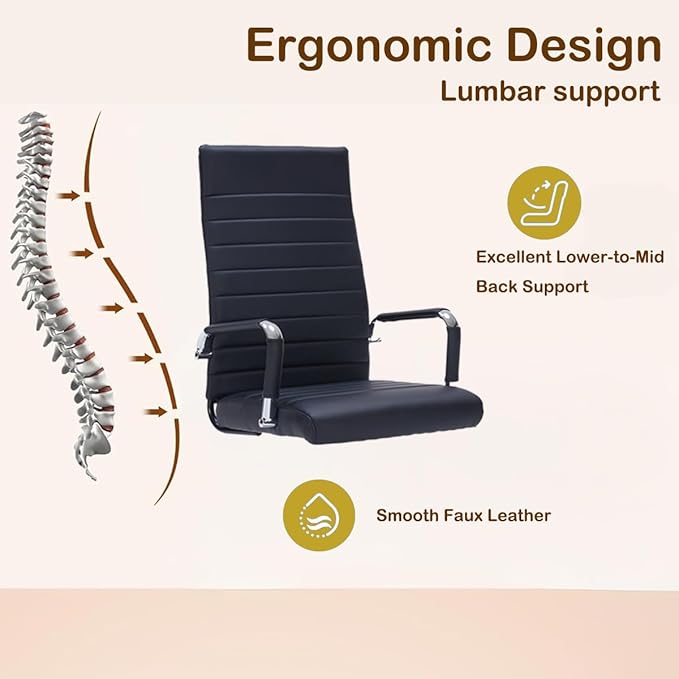 Black Modern High Back Office Desk Chair, PU Leather Ribbed Ergonomic Executive Conference Chair with Wheels, Adjustable Swivel Task Chair with Arms