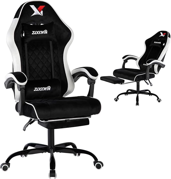 Velvet Gaming Chair, Ergonomic High Back Racing Chair with Footrest, Spring Wide Cushion, Adjustable Headrest & Lumbar Support, 90-135° Recline, 360° Swivel, 300lbs for Home Office, White