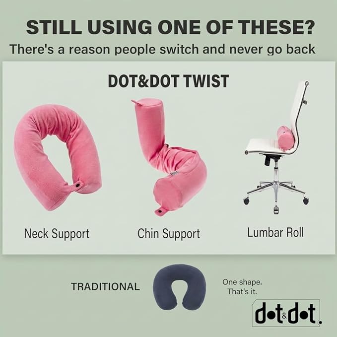 Dot&Dot Twist Memory Foam Travel Pillow for Airplanes - Travel Neck Pillow for Sleeping - Airplane Pillow for Neck Support, Chin, Lumbar and Leg - Adjustable, Bendable Neck Roll Pillow