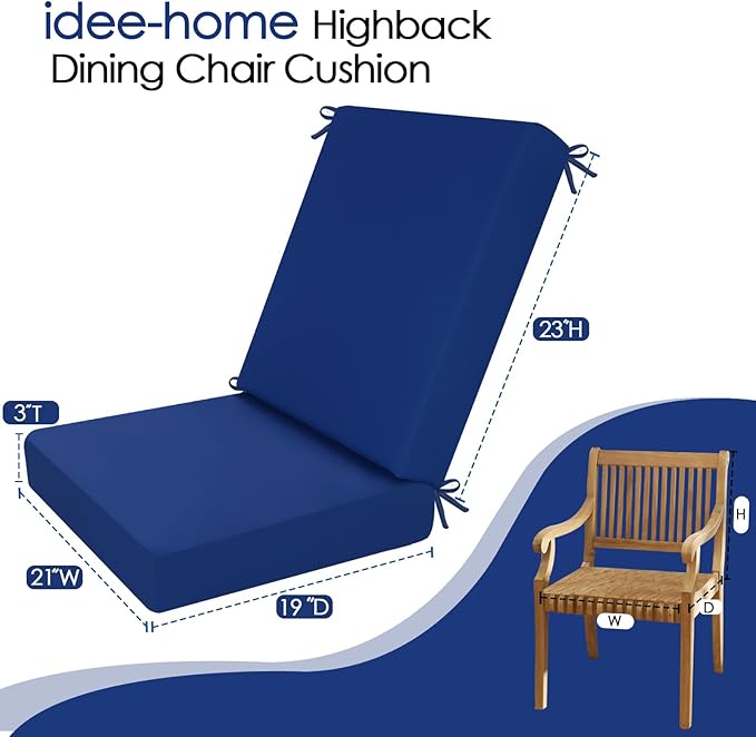 idee-home Outdoor Dining Chair Cushion, Patio Seat Cushion High Back Waterproof Seat Pads with Removable Cover, Indoor Chair Pads Deep
