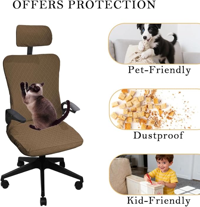 Ergonomic Office Chair Covers Set with Headrest Cover Stretch Desk Computer Chair and Headrest Slipcovers Washable Protector Slipcovers for Swivel Computer Chair 4 Pieces Brown
