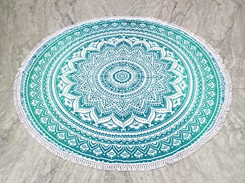 Round Beach Tapestry Turquoise Mandala Throw/Boho Hippie Beach Blanket Roundie/Indian Cotton Bohemian Large Round Table Cloth-Home Decor/Yoga Mat Meditation Picnic Rug (42", Green and White)