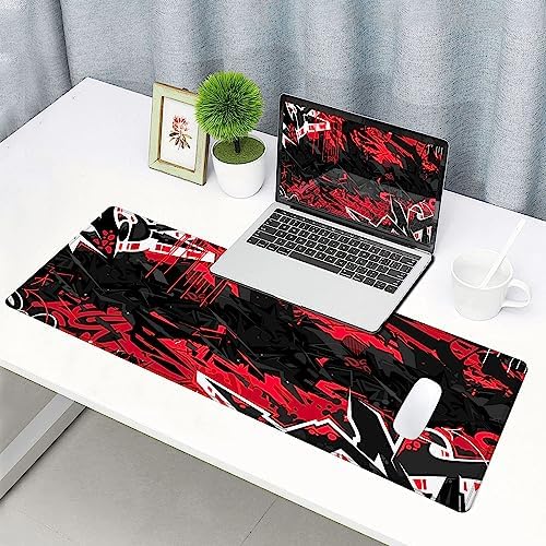 Mouse Pad Gaming, Large XXL Mouse Pads, Non-Slip Rubber Base Mousepad, Keyboard Mouse Mat Desk Pad with Stitched Edges, 31.5x11.8 inch Black Red