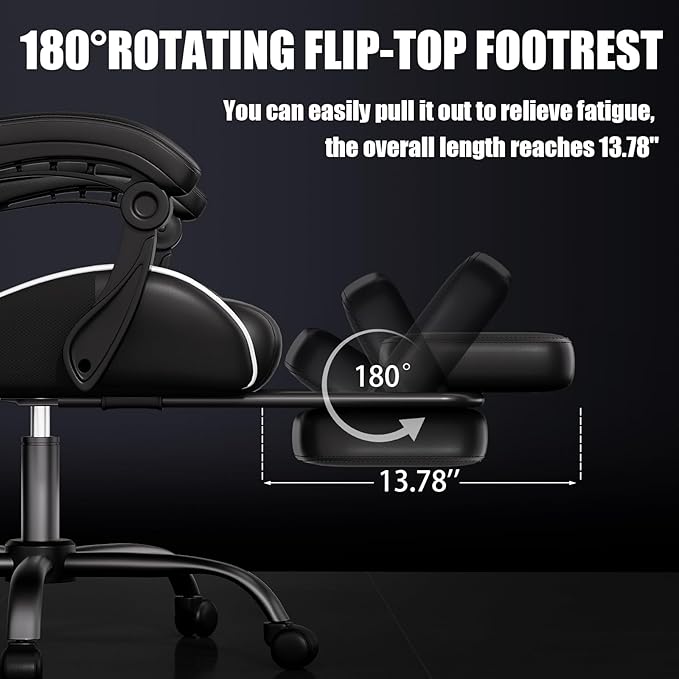 Czlolo Gaming Chair, Ergonomic Office Computer Chair with Footrest and Lumbar Support Massager Racing Style High Back Video Gamer Chair, Wide&Thick Cushion, 90°-135° Recline, Adjustable Height, White