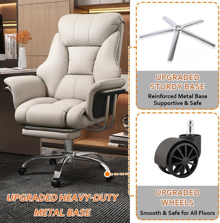 Big and Tall Office Chair 550 lbs Extra Wide Leather Executive Chair with Retractable Footrest, Heavy-Duty Ergonomic Chair, Adjustable Height Computer Gaming Chairs