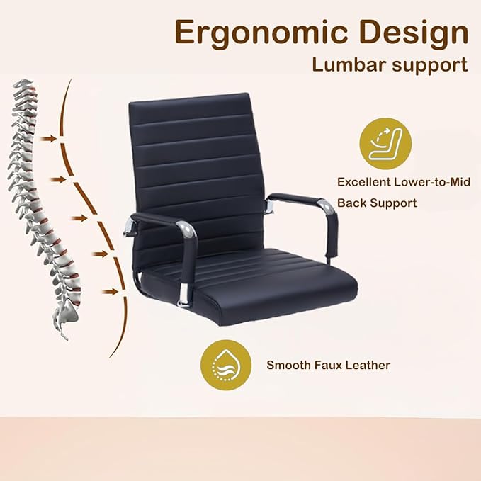 Black Modern Mid Back Office Desk Chair, PU Leather Ribbed Ergonomic Executive Conference Chair with Wheels, Adjustable Swivel Task Chair with Arms