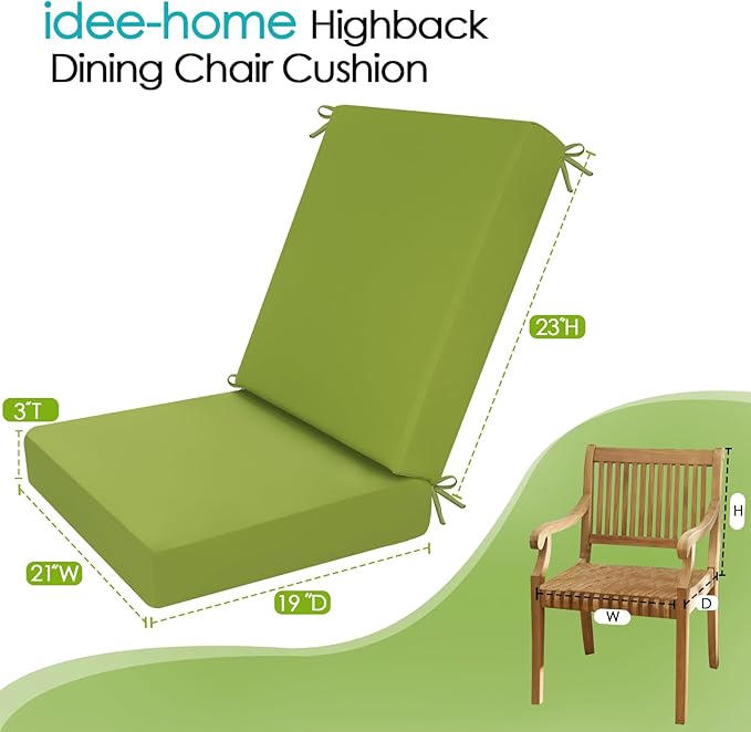 idee-home Outdoor Patio Dining Chair Cushion, High Back Density Foam Chair Cushions Seat with Removable Cover, WeatherResistant Indoor Deep, Green