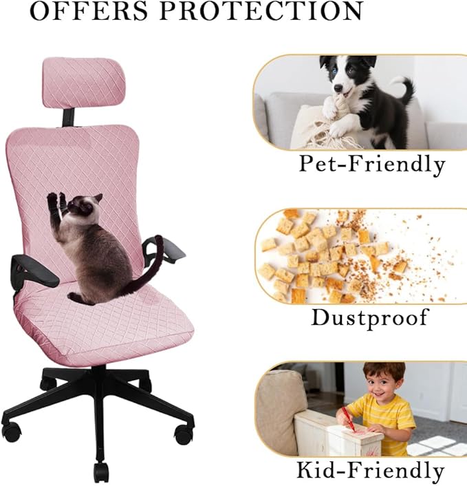 Ergonomic Office Chair Covers Set with Headrest Cover Stretch Desk Computer Chair and Headrest Slipcovers Washable Protector Slipcovers for Swivel Computer Chair 4 Pieces Princess Pink