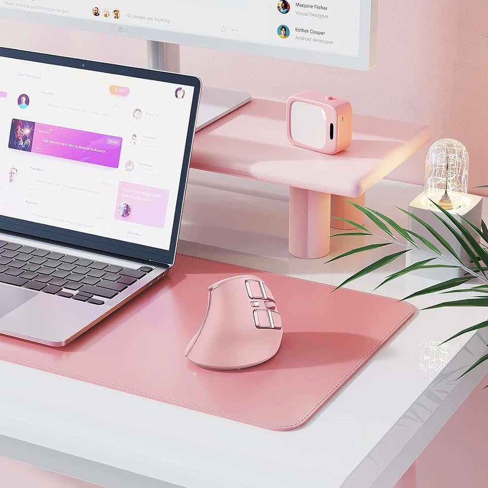 Vertical Mouse, Wireless Ergonomic Optical Mouse (BT 5.0 + Bluetooth 3.0 + USB Connection) with 9 Buttons, Rechargeable Computer Mouse for Wins PC/Laptop, Mac (Pink)