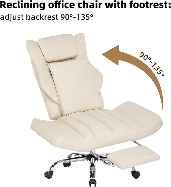DYHOME Criss Cross Office Chair with Footrest, Executive Office Chair Ergonomic Flip-Up Armrest Wide Seat, Adjustable Reclining Computer Desk Chairs for Working, Gaming, Relaxing, PU Leather Beige