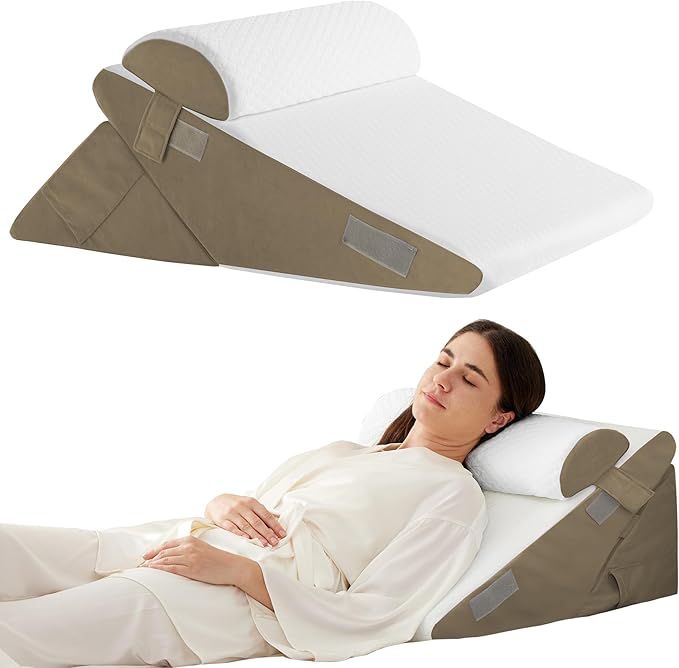 Ruqmuis 3PCS Wedge Pillow Set for After Surgery, Adjustable 9&12 Inch Bed Wedge Pillow for Sleeping, Incline Pillow Wedge for Headboard, Post Surgery, Acid Reflux, Neck&Back Support, Brown