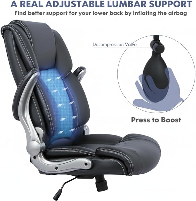 Ergonomic Executive Office Chair with Lumbar Support, Flip-Up Arms, Bonded Leather High Back Desk Chair for Home Office & Workstation, Comfortable Computer Chair for Adults Men Women – Black Set of 2