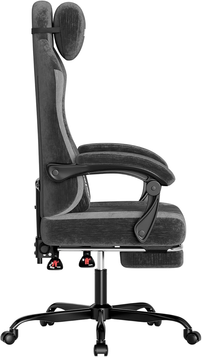 SUKIDA Fabric Video Gaming Chair, Ergonomic High-Back Computer Game Chairs with Large Massage Adjustable Lumbar Support, Headrest and Linked Armrests for Long Hours Sitting Task Chair, Black