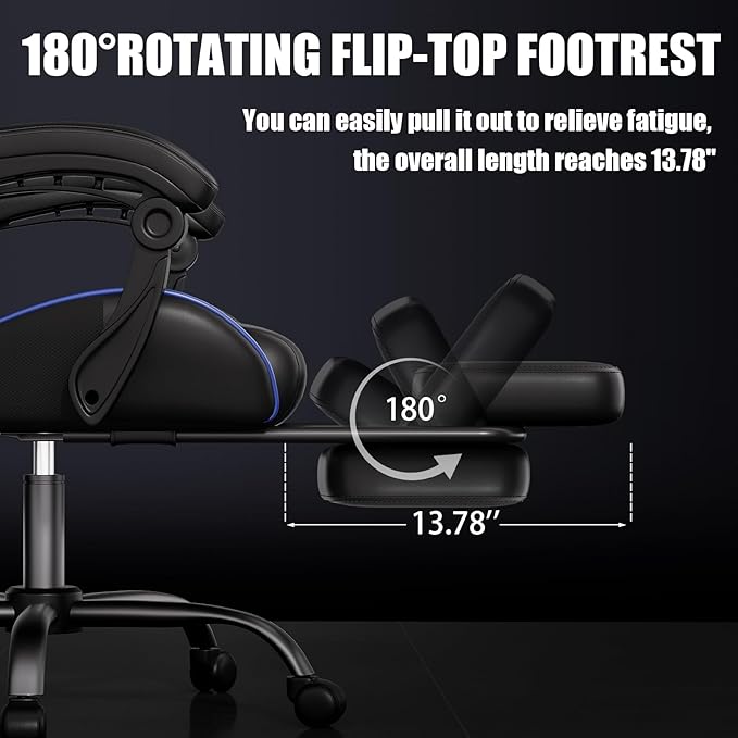 Czlolo Gaming Chair, Ergonomic Office Computer Chair with Footrest and Lumbar Support Massager Racing Style High Back Video Gamer Chair, Wide&Thick Cushion, 90°-135° Recline, Adjustable Height, Blue