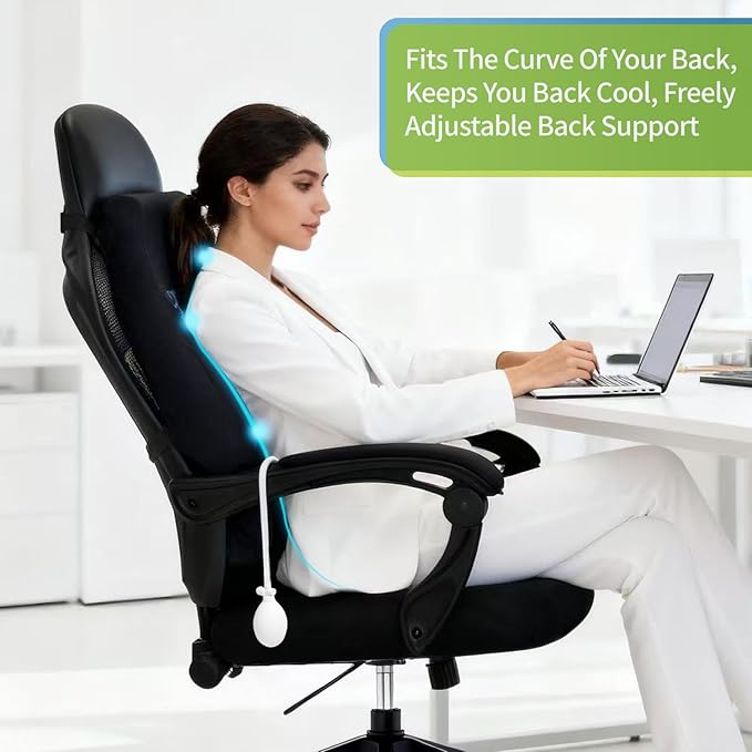 Adjustable Airbag Lumbar Support Pillow for Office Chair - Memory Foam Adjustable Firmness Back Cushion Relieves Upper/Lower Back Pain for Sitting Long Hours, Home Office Desk Chair Car/Truck Seat