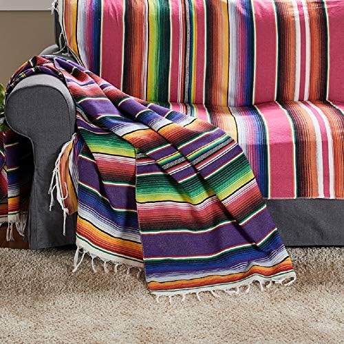 Xplanet Mexican Serape Blanket, 84 X 59 Inch, Cotton, Rectangular, Rose Pink, Tablecloth, All-Season, Tassel