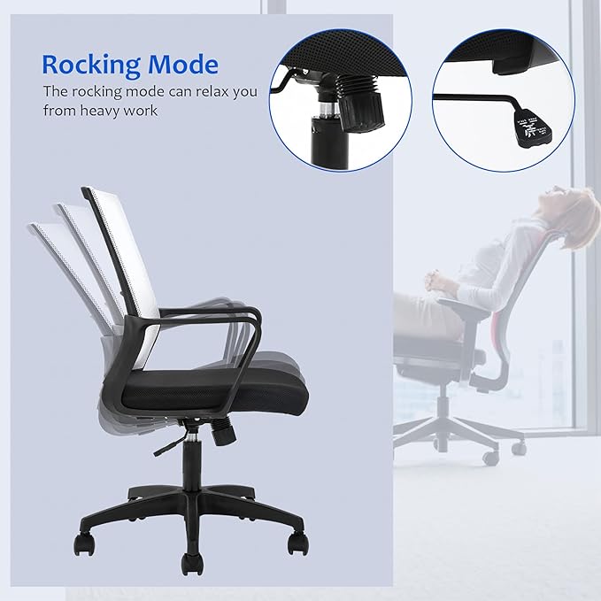 Office Chair Ergonomic Desk Task Chair Mesh Computer Chair Mid-Back Mesh Home Office Swivel Chair Modern Executive Chair with Wheels Armrests Lumbar Support(White)