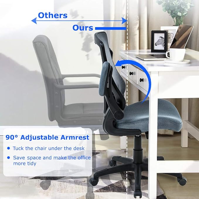 Office Chair Desk Chair Computer Chair with Lumbar Support Flip Up Arms Modern Task Adjustable Swivel Rolling Executive Mesh Ergonomic Chair for Back Pain, Grey