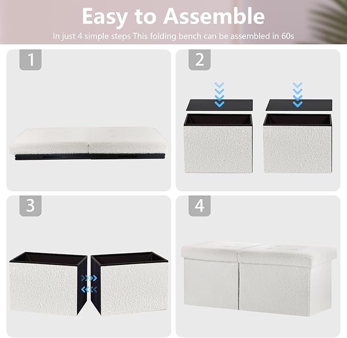 Folding Ottoman Bench with Storage - 34Inches Teddy Velvet Foot Stool Ottoman Bench, Padded Seat, Storage Chest,Blanket Store, for Entryway Livingroom and Bedroom,White (34" D x 13" W x 13" H)