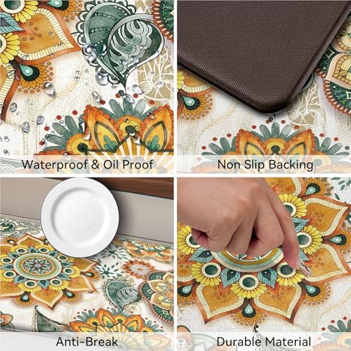 Boho Yellow Floral Kitchen Rugs Mats for Floor 2 Piece Memory Foam Padded Kitchen Mats Anti Fatigue Non Slip Cushioned Comfort Standing Mat, 17.3x28+17.3x47 Inch