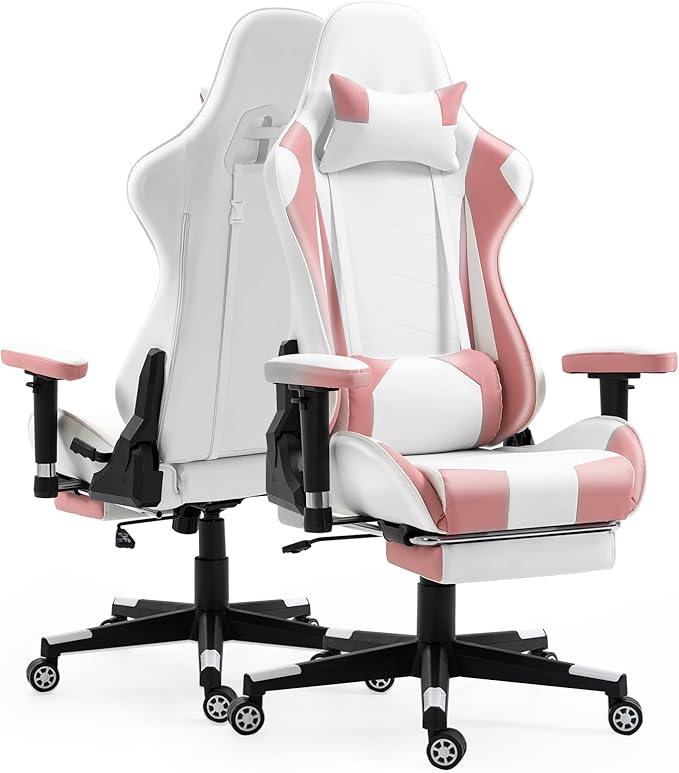 ECOTOUGE PC Gaming Chair with Footrest Ergonomic Office Desk Chair Racing Leather Recliner Swivel Rocker with Headrest and Lumbar Pillow for Girls, Pink-White