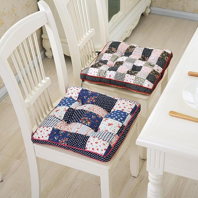 Boho Cotton Quilted Chair Cushion for Dining Chairs Non Slip Soft Comfortable Chair Pads with Ties Patchwork Printed Seat Cushion for Kitchen Chairs Office Chairs (Black,16"x16")