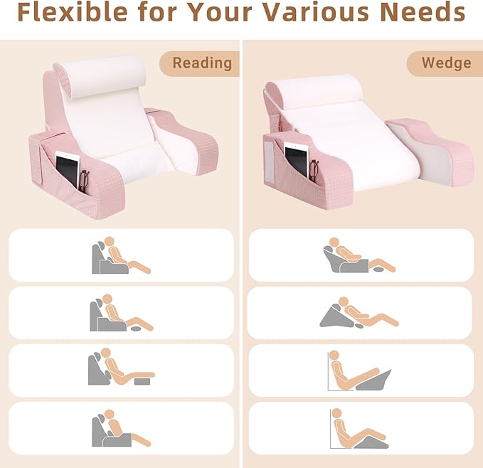 5PCS Reading Pillow for Sitting in Bed Adult, 2 in 1 Foldable Back Wedge Pillow for Sleep, Ergonomic Back Support Pillow with Arms for Watching TV, Gaming, Working, Recovery, 19” Pink