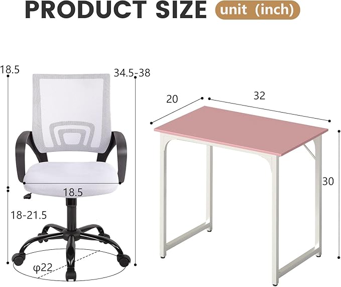 PayLessHere 32 Inch Home Office Desk and Chair Set,32 Inch Computer Desk with Ergonomic Height Adjustable Office Chair for Home Office,Pink&White
