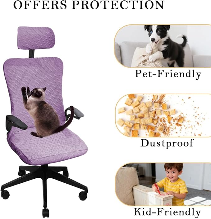 Ergonomic Office Chair Covers Set with Headrest Cover Stretch Desk Computer Chair and Headrest Slipcovers Washable Protector Slipcovers for Swivel Computer Chair 4 Pieces Purple