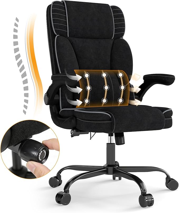Big and Tall Office Chair with Adjustable Lumbar Support,Breathable Fabric High Back Desk Computer Chair with Adjustable Flip-up Armrests,Ergonomic Swivel PC Chair with Rocking Function