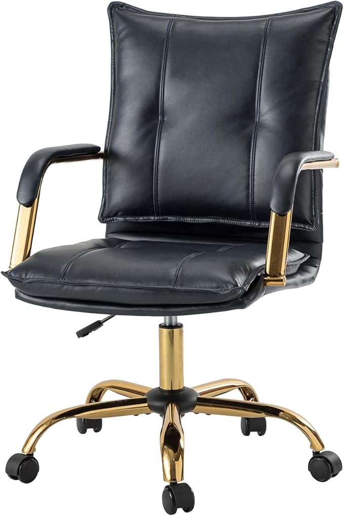 HULALA HOME Faux Leather Home Office Desk Chair, Adjustable Swivel Computer Chair with Golden Legs and Arms, Comfy Upholstered Task Chair, Navy