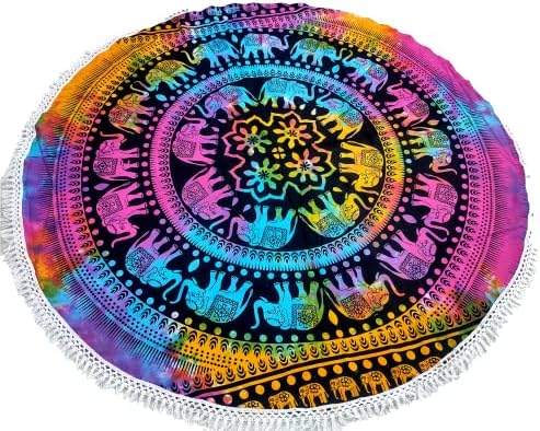 Round Beach Tapestry Turquoise Mandala Throw/Boho Hippie Beach Blanket Roundie/Indian Cotton Bohemian Large Round Table Cloth-Home Decor/Yoga Mat Meditation Picnic Rug (70", Multi Color)
