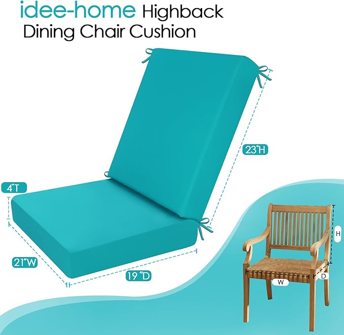 idee-home Outdoor Dining Chair Cushion, Patio Seat Cushion High Back Waterproof Seat Pads with Removable Cover, Indoor Chair Pads Deep, Peacock Blue