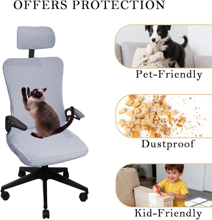Ergonomic Office Chair Covers Set with Headrest Cover Stretch Desk Computer Chair and Headrest Slipcovers Washable Protector Slipcovers for Swivel Computer Chair 4 Pieces Silver Gray
