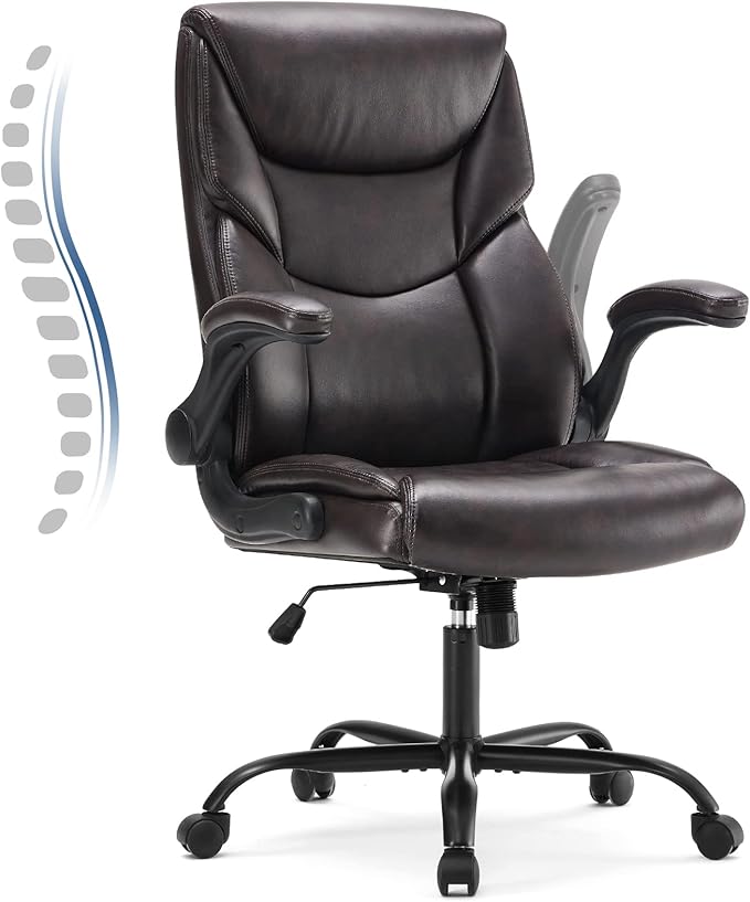 DUMOS PU Leather Office Chair - Ergonomic Executive Computer Desk Chairs with Adjustable Flip-up Armrest, Swivel Task Chair with Lumbar Support, Strong Metal Base,Dark Brown