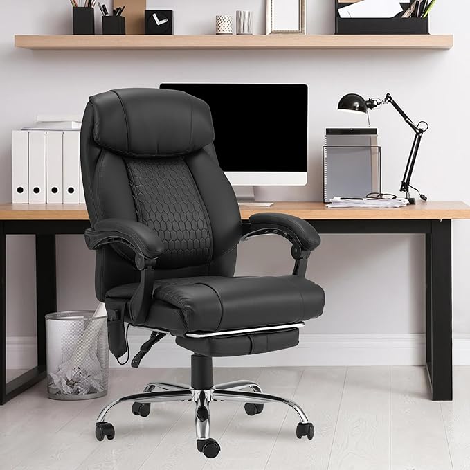 HOMREST Heated Office Chair with Vibrating Massage, Ergonomic Executive Desk Chair with Retractable Footrest and Lumbar Support, High-Back Reclining PU Leather Computer Chair for Home Office,Black