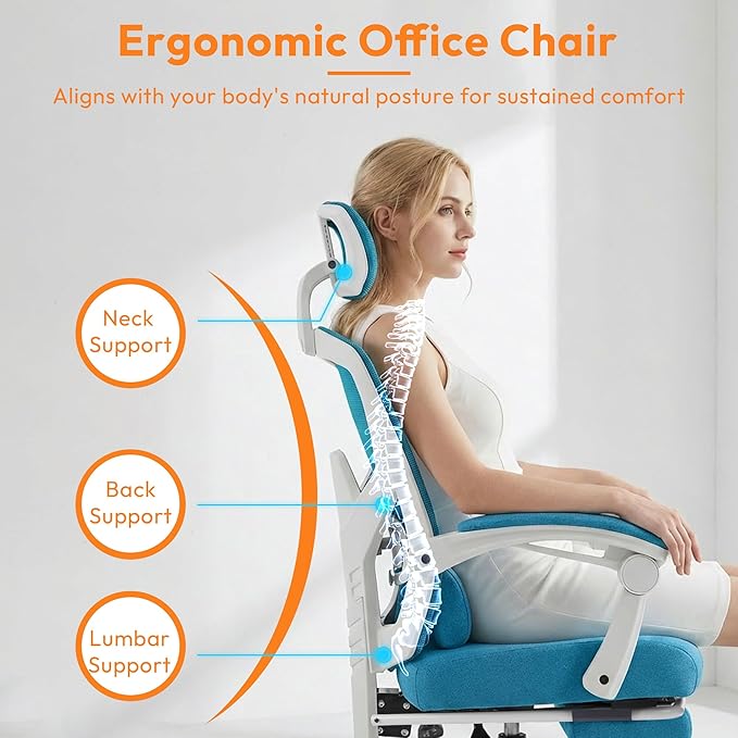 Ergonomic Desk Chair, High Back Office Chair with Wheels and Arms, Computer Chair with Footrest, Swivel Reclining Gaming Chair with Headrest, Comfy Armrest for Home, Office, Work, Study, Blue