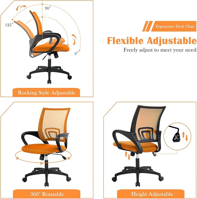 Office Chair, Desk Chair with Lumbar Support Arms, Adjustable Computer Chair with Breathable Mesh Backrest, Home Office Desk Chairs for Student, Adults, Study, Dorm, Comfortable Office Chair(Orange)