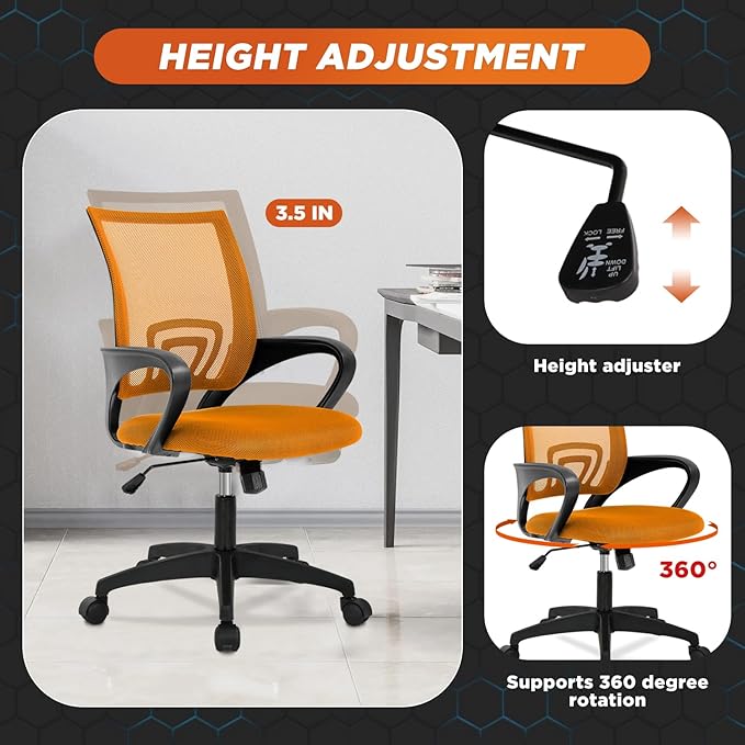 Ergonomic Office Desk Chair - Mesh Computer Task Swivel Chair with Lumbar Support, Modern Executive Adjustable, Orange
