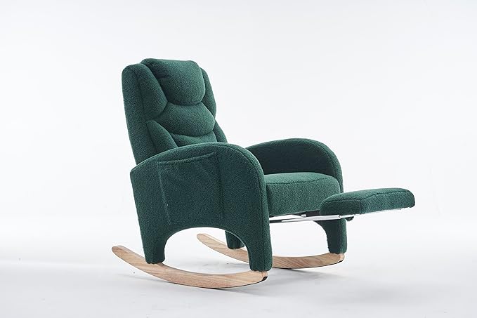 Rocking Chair with Foot Rest, Nursery Glider Teddy Gliding Rocking Chair with Retractable Footrest Rubber Wood Legs Side Pocket High Back & Wide Seat Nursing Chair for Living Room (Green)