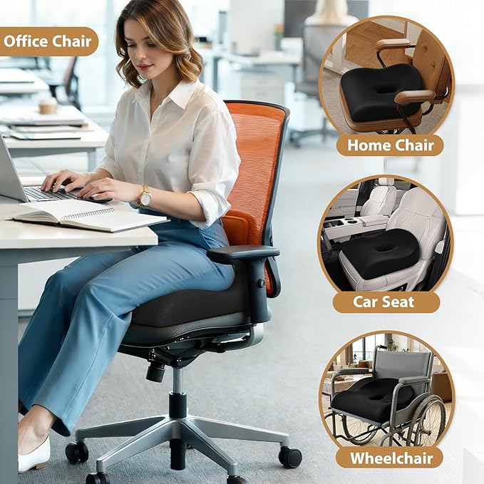 Seat Cushion for Pressure Relief - Ergonomic Home & Office Chair Cushions for Tailbone, Hip, Sciatica Support, Memory Foam Chair Pad for Long Sitting, Driving (Black)