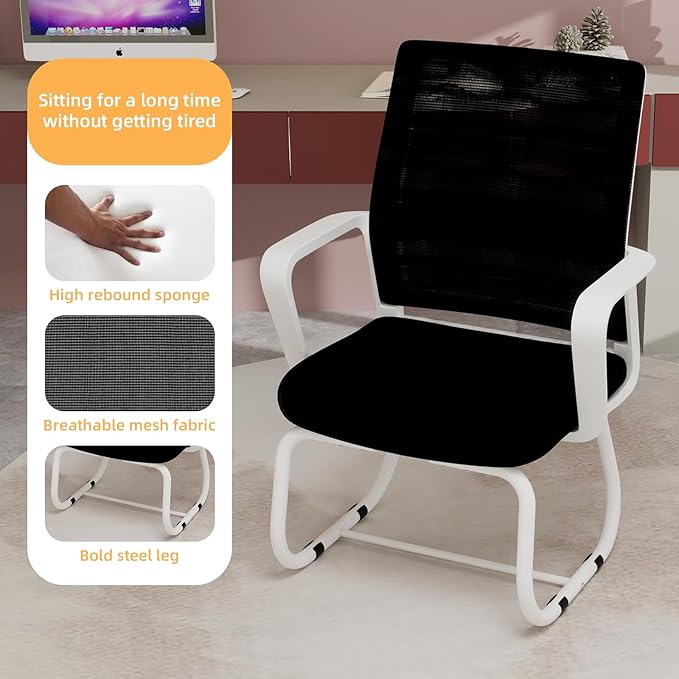 Modern Mesh Office Chair, Ergonomic Desk Chair with Armrests, Breathable Computer Task Seat for Home Work, Sled Base Guest Furniture, Comfortable Lumbar Support, Metal Frame, White+Black