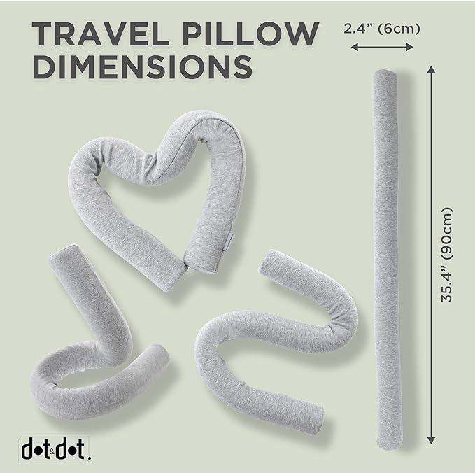 Dot&Dot Twist Memory Foam Travel Pillow for Neck, Chin, Lumbar and Leg Support - Cotton Cover Snap Closure Grey