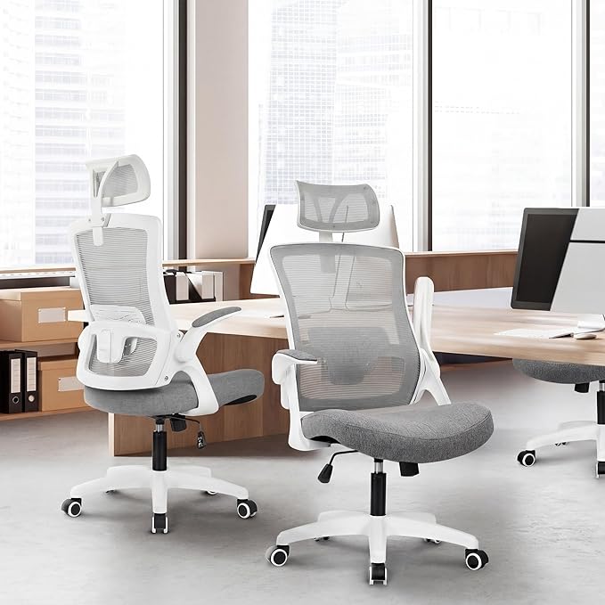 NEO CHAIR Office Desk Chair Gaming Computer High Back Support Mesh Comfy Seat with Adjustable Ergonomic Headrest Lumbar Rolling Flip-up Armrests and Wheels (Grey)
