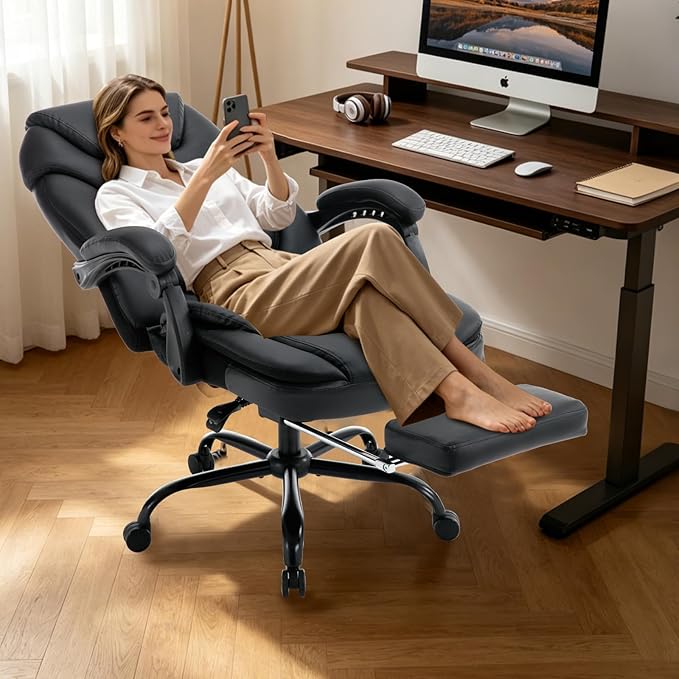 Comfortable Office Chair with Lumbar Support, PU Leather Ergonomic Reclining Office Desk Chair Wide Seat Recliner Office Chair with Foot Leg Rest, Black