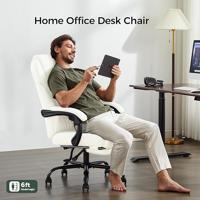 amseatec Office Chair, Big and Tall Office Chair with Foot Rest Ergonomic Chair Home Office Desk Chairs Reclining High Back Leather Chair with Lumbar Support(White)