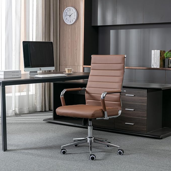 Home Office Chair Ribbed, Modern Leather Conference Waiting Room Chairs,Ergonomic Office Desk Chair, High Back Executive Computer Chair, Adjustable Swivel Chair with Arms,Brown