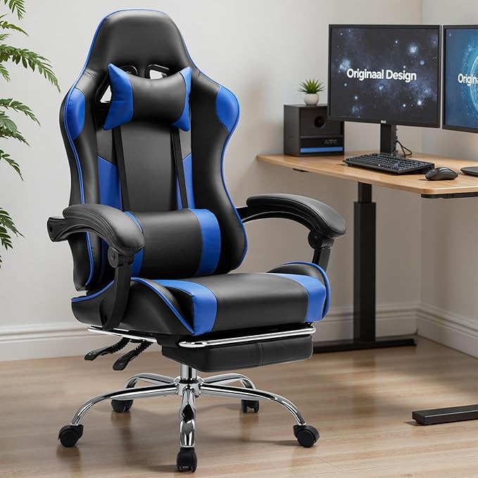 Sweetcrispy Video Game Desk Chair, High Back Ergonomic PU Leather Computer Gaming Chair with Adjustable Headrest & Footrest, Linkage Armrest and Height Adjustable, 360° Swivel, for Adults, Blue