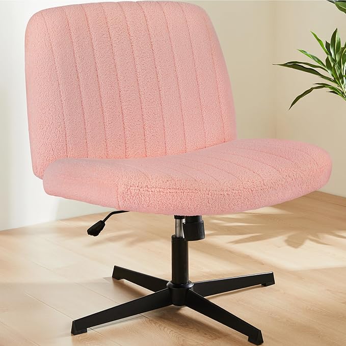 Sweetcrispy Criss Cross Chair Legged, Furry Armless Office Swivel Desk Chairs No Wheels, Vanity Height Adjustable Wide Seat Comfy Cute Computer Task Chair for Home Bedroom, Teddy Pink